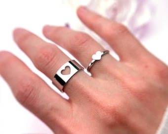 Engraved Heart Ring Set | Sterling Silver Promise Rings