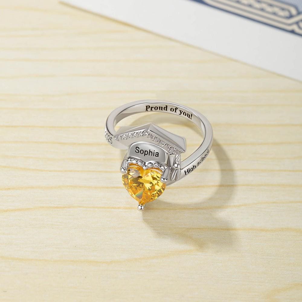 Graduation Rings Hat Custom Graduation Cap Ring | Sterling Silver, Heart Birthstone - Etsy