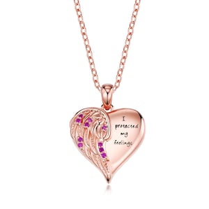Personalized Birthstone Angel Wing & Engraved Heart Name Necklace|Dainty Sterling Silver Memorial Wing Necklace|Guardian Angel wing Necklace
