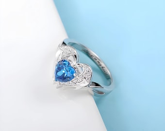 Personalized Sterling Silver Angel Wings Ring | Heart Birthstone, Engraved Gift