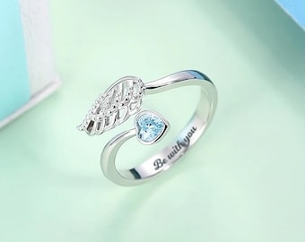 Sterling Silver Angel Wing Ring | Heart Birthstone, Personalized Jewelry