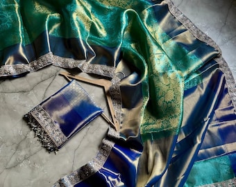 Banarasi Tissue Silk Saree | Dual-Tone Green Blue Zari Weaving, Lace Border