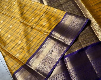 Sari rosa de seda suave Banarasi / Estampado a cuadros, borde zari, atuendo festivo indio