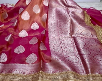 Handwoven Banarasi Tissue Silk Saree, Rich Zari Weaving & Fringed Border