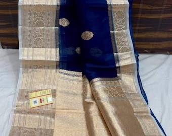 Royal Blue Banarasi Organza Saree: Zari Weaving, Elegant Indian Sari