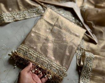 Handwoven Banarasi Soft Tissue Silk Saree, Lace Border, Gold Designer Wedding Wear