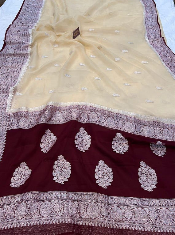 バナラシ セミジョーゼット サリー：インドの織りデザイン - Etsy 日本