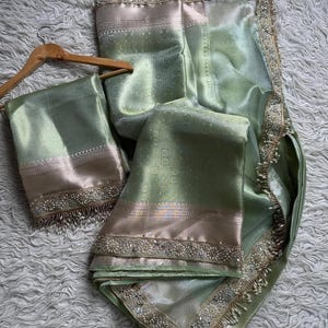 Elegant Banarasi soft Tissue silk saree zari weave Lace border indian wedding