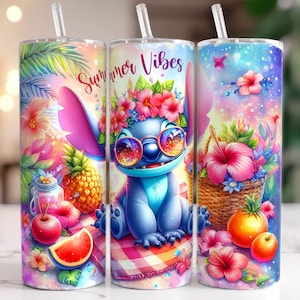 May include: Three colorful 20 oz. stainless steel tumblers with straws. Each tumbler features a vibrant design with tropical flowers, fruit, and the character Stitch. One tumbler has the text "Summer Vibes". The tumblers are decorated with bright pink, blue, and yellow colors.