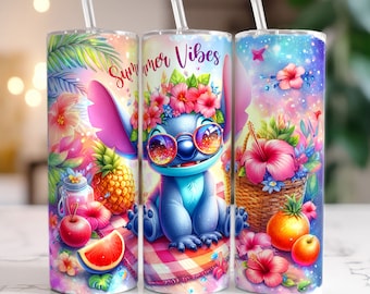 Stitch Summer Vibes Tumbler, Tropical Floral Stitch Sublimation Designs, Tumbler PNG, 20oz Stitch Tumbler Wrap PNG, Stitch Wrap