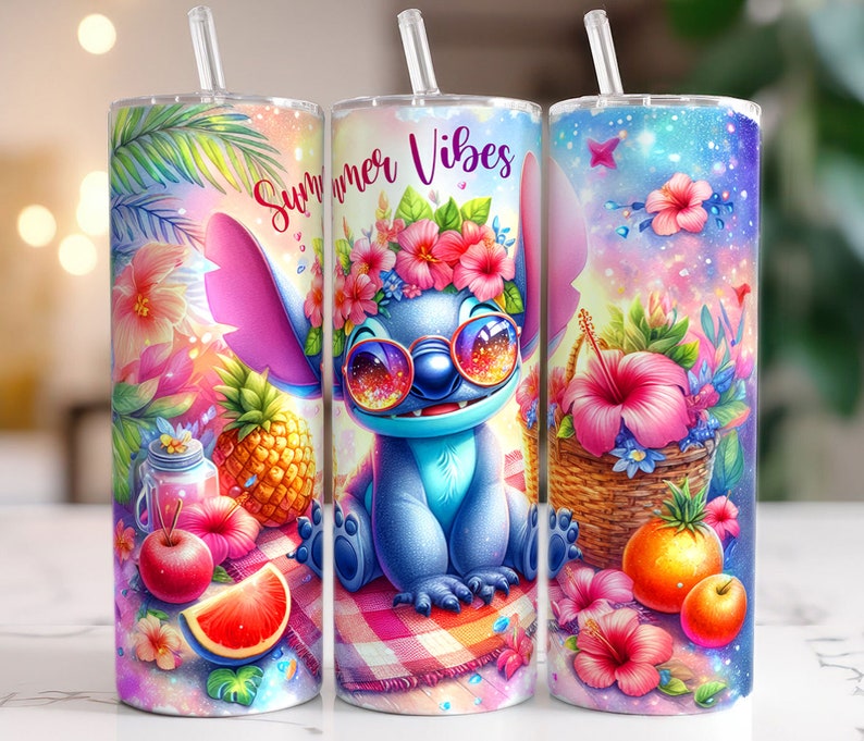 May include: Three colorful 20 oz. stainless steel tumblers with straws. Each tumbler features a vibrant design with tropical flowers, fruit, and the character Stitch. One tumbler has the text "Summer Vibes". The tumblers are decorated with bright pink, blue, and yellow colors.