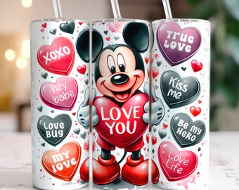 Cute Valentine Mouse Tumbler, 20oz Skinny Tumbler, Cartoon Valentine Tumbler, Valentine Png, Full Tumbler Wrap, Digital Download