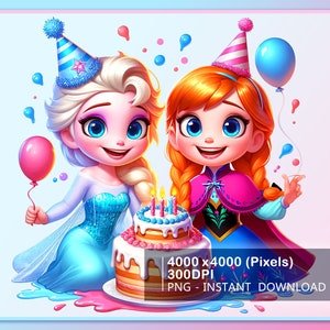 Elsa Anna Princess Water Splash Watercolor Png, Splash Watercolor Design Png, Princess Birthday Png, Birthday Girl Sublimation, PNG File