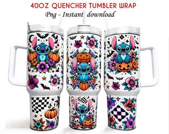Vintage Stitch Halloween 40oz Quencher Tumbler Design Png, Spooky Season Png, Halloween Sublimation Design, Full Tumbler Wrap Png