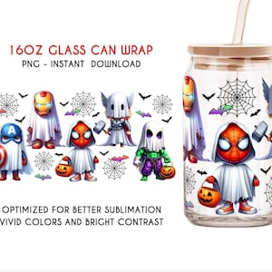 Avengers Cute Ghost Super Spooky Season Can Glass, 16oz Can Glass Wrap, Ghost Sublimation Wrap, Halloween Cartoon Png, Halloween Tumbler