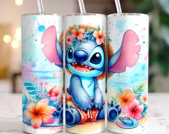 Stitch Floral Summer Vibes Tumbler, Colorful Cartoon Tumbler Wrap, 20oz Tumbler Wrap, Summer Beach Tumbler, Floral Tumbler, Digital File PNG
