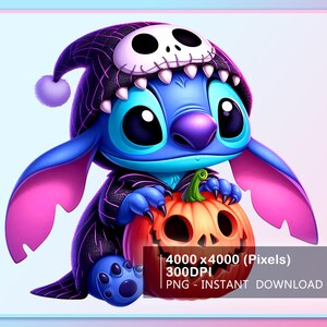 May include: A digital illustration of a blue alien character wearing a black and white skull hat and holding an orange jack-o'-lantern. The character has large black eyes and pink ears. The image includes the text "4000 x 4000 (Pixels) 300DPI PNG - INSTANT DOWNLOAD".