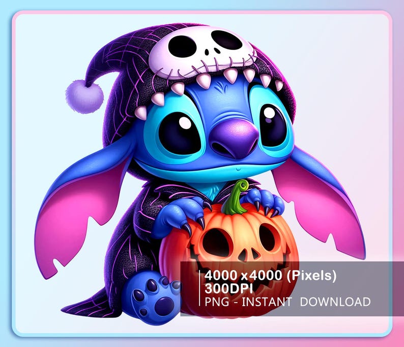 May include: A digital illustration of a blue alien character wearing a black and white skull hat and holding an orange jack-o'-lantern. The character has large black eyes and pink ears. The image includes the text "4000 x 4000 (Pixels) 300DPI PNG - INSTANT DOWNLOAD".
