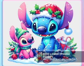 Snowing Stitch And Angel Christmas Vibes Png, Cartoon Christmas Mouse, Christmas Png, Stitch Santa Christmas, Png File Instant Download