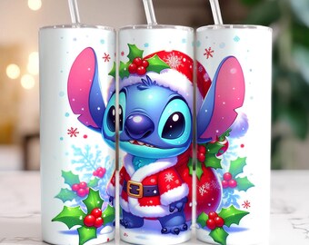 Uroczy Mikołaj Stitch Trzymający Worki Mikołaja Opakowanie Na Kubek, 20oz Skinny Tumbler, Opakowanie Na Kubek, Opakowanie Na Kubek Bożonarodzeniowy, Cyfrowe Opakowanie Na Kubek Png