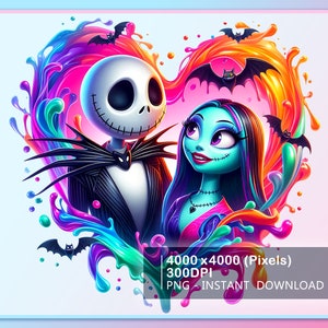 May include: A digital illustration of Jack Skellington and Sally from The Nightmare Before Christmas, set within a heart-shaped splash of vibrant colors. Bats are scattered around the heart. The image includes the text: 4000 x 4000 (Pixels), 300 DPI, PNG, INSTANT DOWNLOAD.