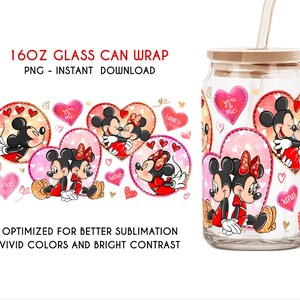 Mouse and Friends Valentines Cartoon Design, 16oz Libbey Can Glass, Mickey Minnie Valentine, Heart Valentine Can Glass, Valentine Png