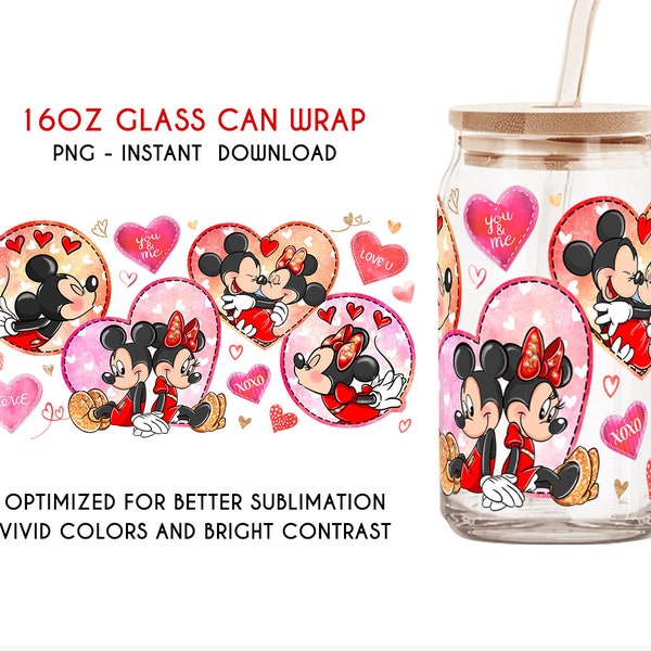 Conception de dessin animé de la Saint-Valentin avec souris et amis, verre Libbey Can 16 oz, Mickey Minnie Saint-Valentin, verre canette coeur Saint-Valentin, png Saint-Valentin