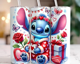 Stitch Valentine Tumbler Wrap, 20 Unzen Skinny Tumbler, Stitch Valentine Heart Tumbler, Voller Tumbler Wrap, Png Sublimationsdesign, Digitale Datei
