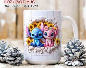 3D Stitch And Cute Angel Floral Spring Mug Wrap, 11oz 15oz Mug Wrap, 3D Mug Sublimation, Mug Wrap, 3D Mug Png Instant Download