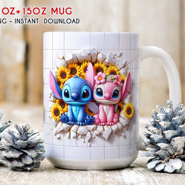 3D Stitch And Cute Angel Floral Spring Mug Wrap, 11oz 15oz Mug Wrap, 3D Mug Sublimation, Mug Wrap, 3D Mug Png Instant Download