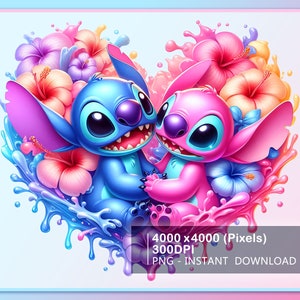 Stitch Angel Floral Love Heart Shape Png, Couple Design, Stitch Sublimation Design, Couple Shirt Print Png Download