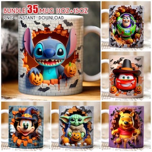 Bundle Halloween Cartoon Mug Wrap, 11oz 15oz Halloween Mug, Stitch Halloween Mug, Mug Sublimation, Mug Wrap Sublimation, Bundle Mug Png
