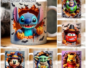 Bundle Halloween Cartoon Mug Wrap, 11oz 15oz Halloween Mug, Stitch Halloween Mug, Mug Sublimation, Mug Wrap Sublimation, Bundle Mug Png
