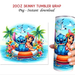 May include: A digital download for a 20oz skinny tumbler wrap featuring Stitch and Lilo from Disney's Lilo & Stitch. The design shows Stitch and Lilo in a life preserver floating in the ocean with palm trees and flowers. The background is a blue ocean with white seagulls flying overhead.