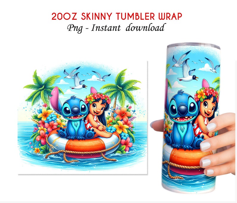 May include: A digital download for a 20oz skinny tumbler wrap featuring Stitch and Lilo from Disney's Lilo & Stitch. The design shows Stitch and Lilo in a life preserver floating in the ocean with palm trees and flowers. The background is a blue ocean with white seagulls flying overhead.