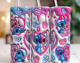 3D Inflated Cartoon Valentine, 3D Valentine Tumbler Wrap, Stitch Tumbler, 20oz Skinny Tumbler, Tumbler Wrap, Png Download, Valentine Png