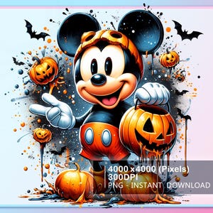 May include: A digital illustration of Mickey Mouse in a Halloween theme. Mickey is wearing a pumpkin hat and holding a carved pumpkin. The background features bats, pumpkins, and paint splatters. The image includes the text "4000 x 4000 (Pixels) 300DPI PNG - INSTANT DOWNLOAD."