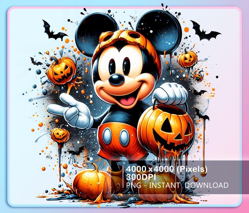 May include: A digital illustration of Mickey Mouse in a Halloween theme. Mickey is wearing a pumpkin hat and holding a carved pumpkin. The background features bats, pumpkins, and paint splatters. The image includes the text "4000 x 4000 (Pixels) 300DPI PNG - INSTANT DOWNLOAD."