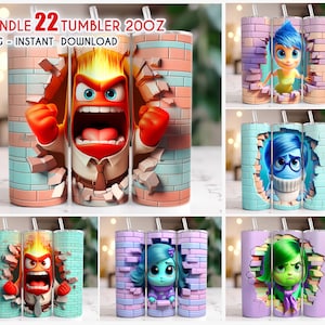 May include: A set of 22oz tumblers featuring characters from the movie Inside Out. The tumblers are designed with a brick wall background and each character is shown breaking through the wall. The characters include Joy, Sadness, Anger, Disgust, and Fear. The tumblers are perfect for adding a touch of personality to your drinks.