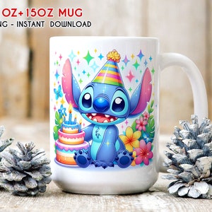Stitch verjaardag mok wrap, cartoon mok wrap, verjaardag 11oz 15oz mok, mok sublimatie, hoge resolutie, digitale PNG downloaden