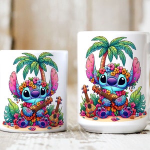 May include: Two white ceramic mugs with a colorful cartoon character playing a ukulele. The character is surrounded by flowers and palm trees. The mugs are both 11 ounces.