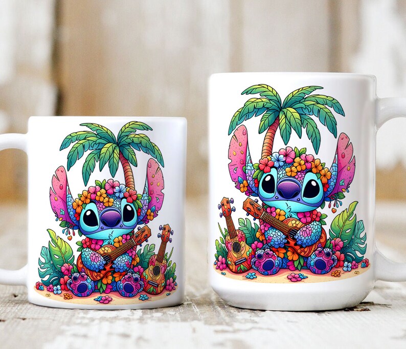 May include: Two white ceramic mugs with a colorful cartoon character playing a ukulele. The character is surrounded by flowers and palm trees. The mugs are both 11 ounces.