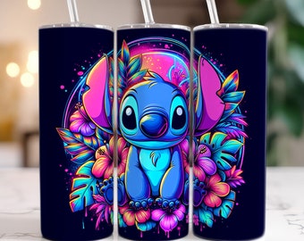 Stitch 20oz Skinny Tumbler Wrap, Stitch Floral Tumbler, Cartoon Movie Tumbler Wrap, Tumbler Sublimation, Png Download