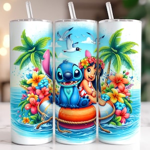 May include: A set of three white tumblers with a blue and green tropical island scene featuring Stitch and Angel from Lilo & Stitch. The tumblers have a blue and green tropical island scene with palm trees, flowers, and a surfboard.