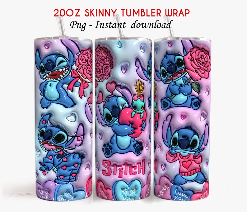 3D Inflated Stitch Valentine Tumbler, 20oz Skinny Tumbler, 3D Puffy Valentine Tumbler, Stitch Valentine Tumbler, Tumbler Png,Insant Download image 2
