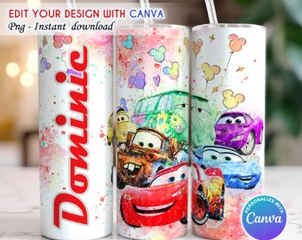 Personalized Cars Movie Tumbler, 20oz Skinny Tumbler, Cartoon Tumbler Wrap, Png Sublimation Design, Canva Template, Canva Editable