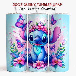 May include: A 20oz skinny tumbler wrap featuring a blue Stitch character with a flower crown, surrounded by butterflies and flowers on a light blue background.