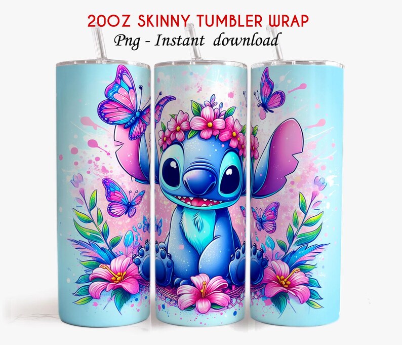 May include: A 20oz skinny tumbler wrap featuring a blue Stitch character with a flower crown, surrounded by butterflies and flowers on a light blue background.