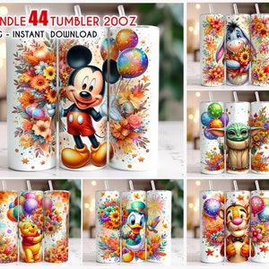 May include: A set of 44 sublimation designs featuring various cartoon characters holding balloons and flowers. The designs are ideal for creating custom tumblers, mugs, or other personalised items.