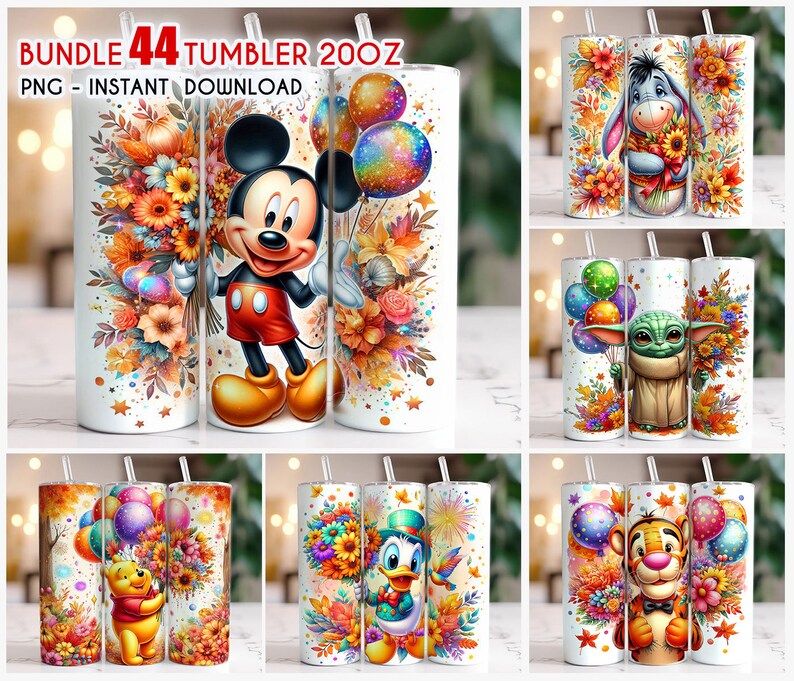 May include: A set of 44 sublimation designs featuring various cartoon characters holding balloons and flowers. The designs are ideal for creating custom tumblers, mugs, or other personalised items.